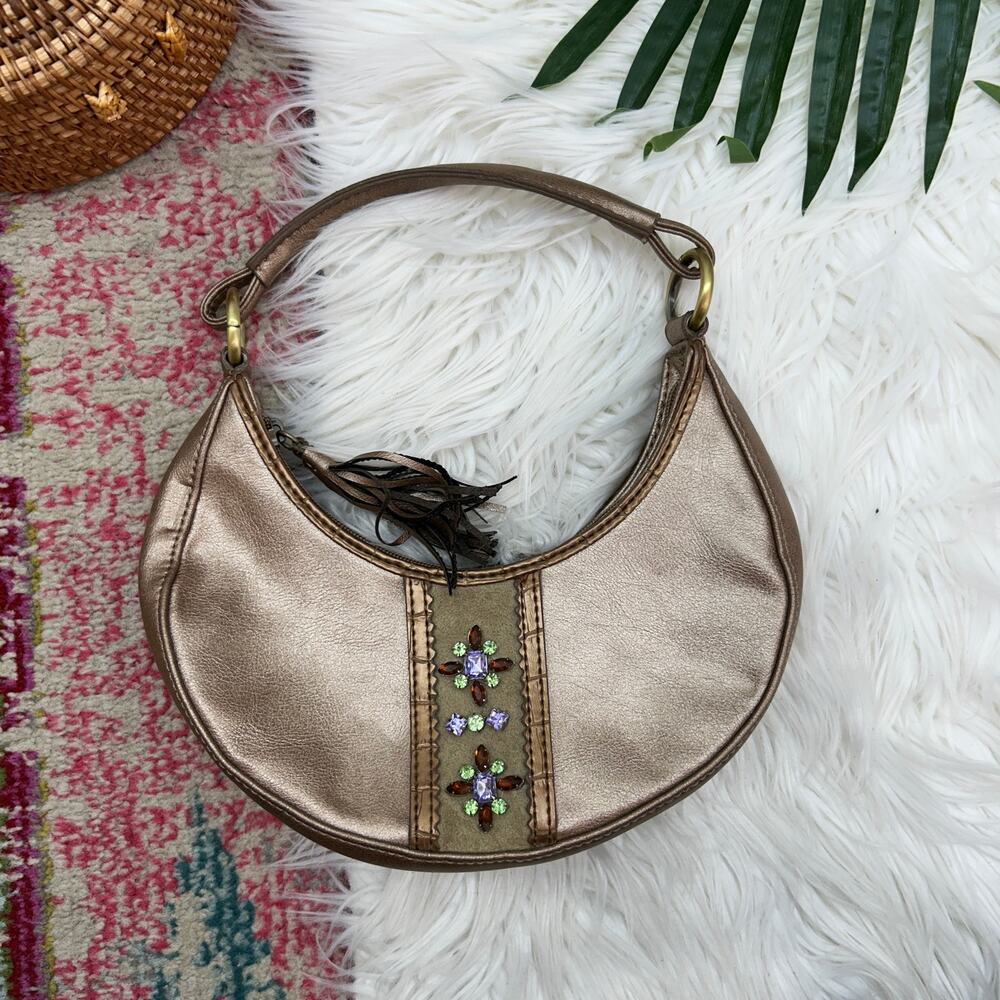 Vintage Y2K 2000s Liz Claiborne Brown Bronze Jewel Top Handle Mini Bag Purse
